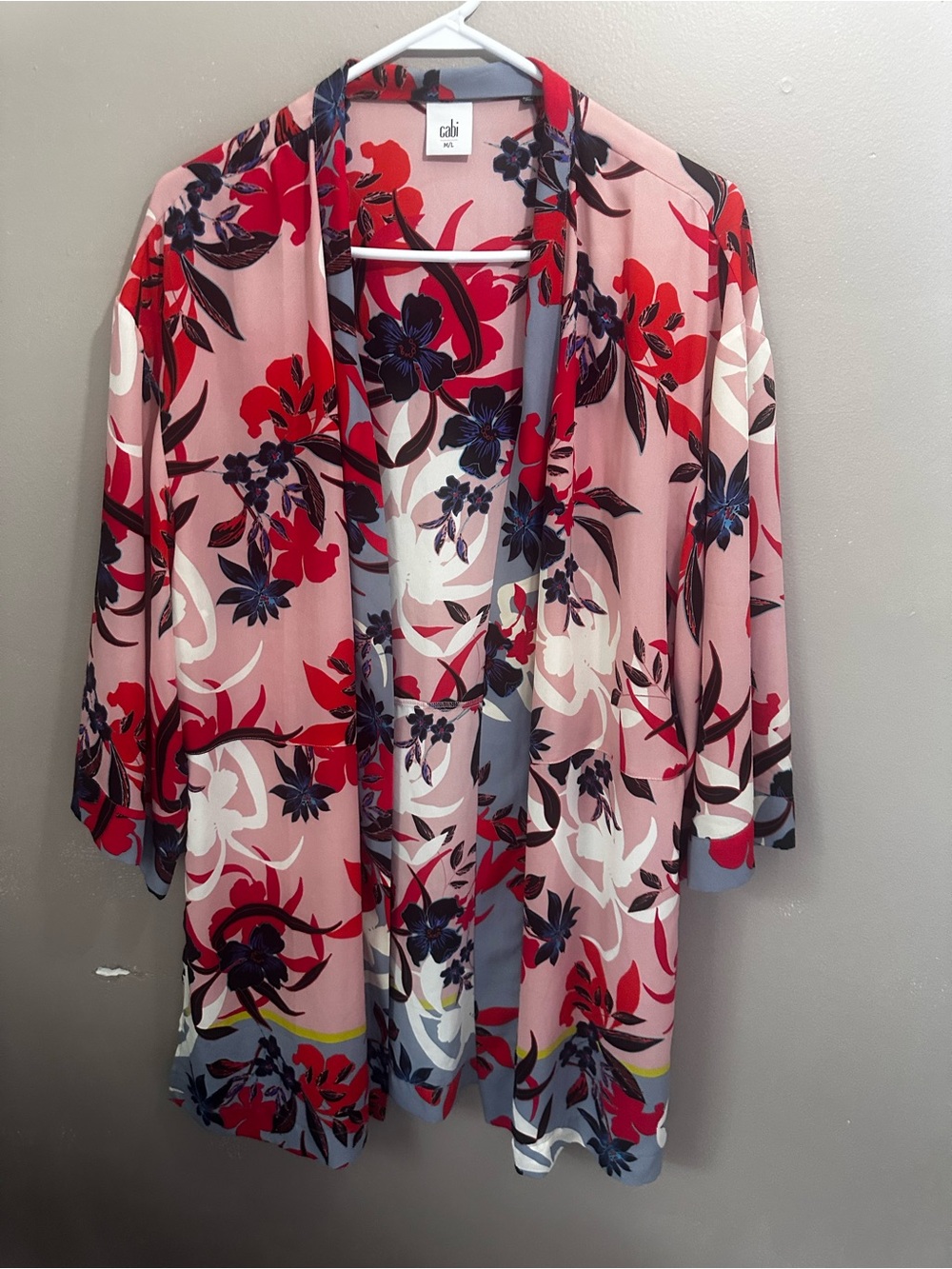 CAbi Pink Floral Open Front Kimono with Navy & Red Accents shows no sign of wear